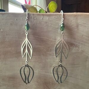 Handmade Stainless Steel Tulip Dangle Earrings - Green Vitrail Bead- 2" - New